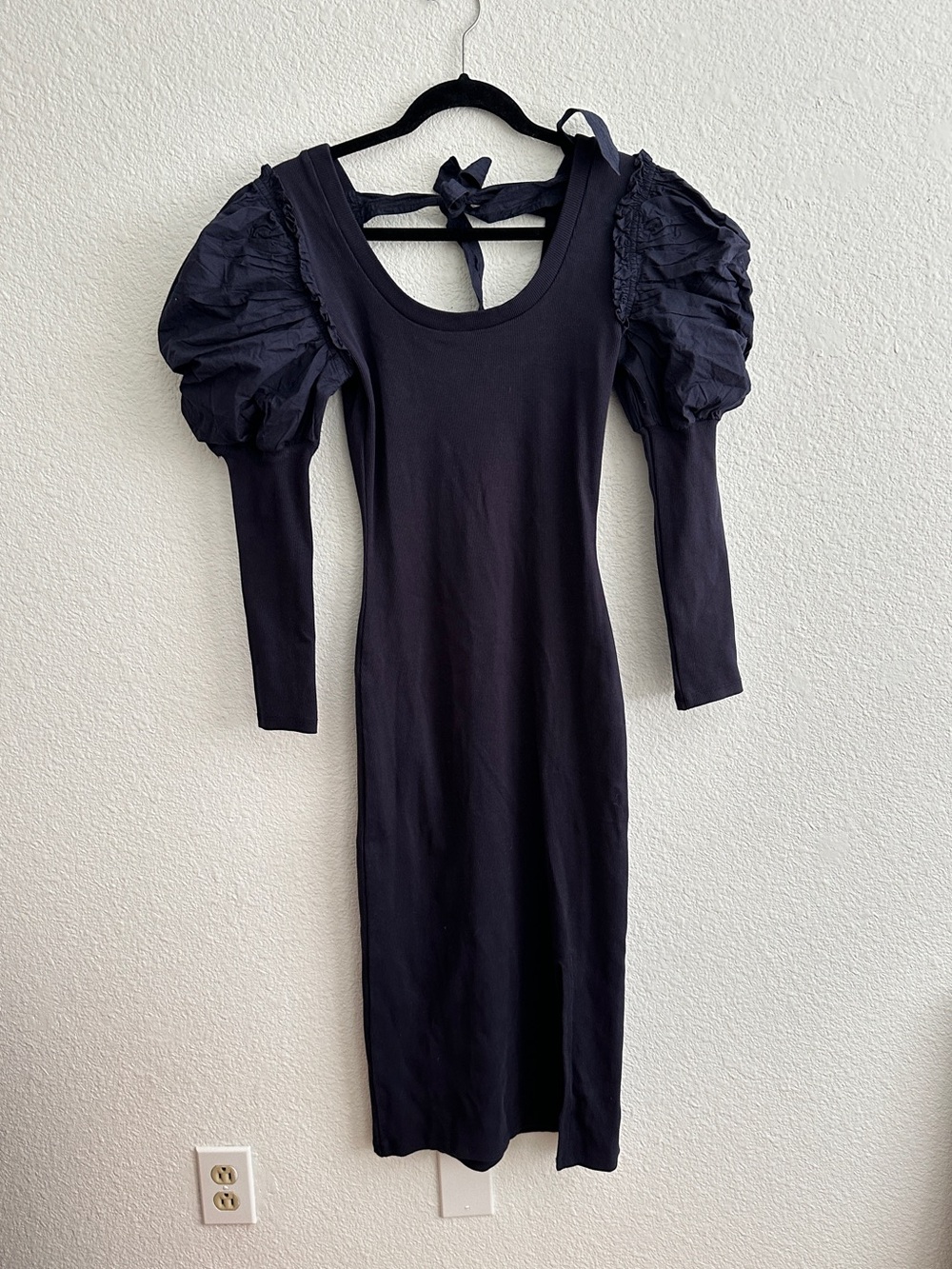 Cleobella XS Navy Puff-Sleeve Long Sleeve Midi Dress - slit